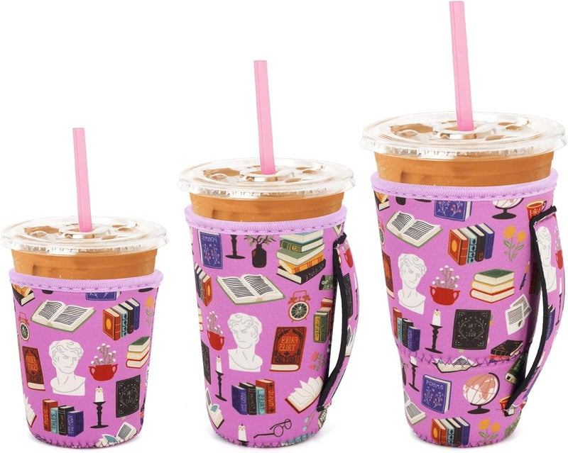 Snowso 3 Pack Iced Coffee sleeve Insulated Neoprene Cup Sleeves with handle For Cold Drinks Beverages, Reusable Cup Holder for 16oz-32oz Coffee Cups (Book Club) - Image 1